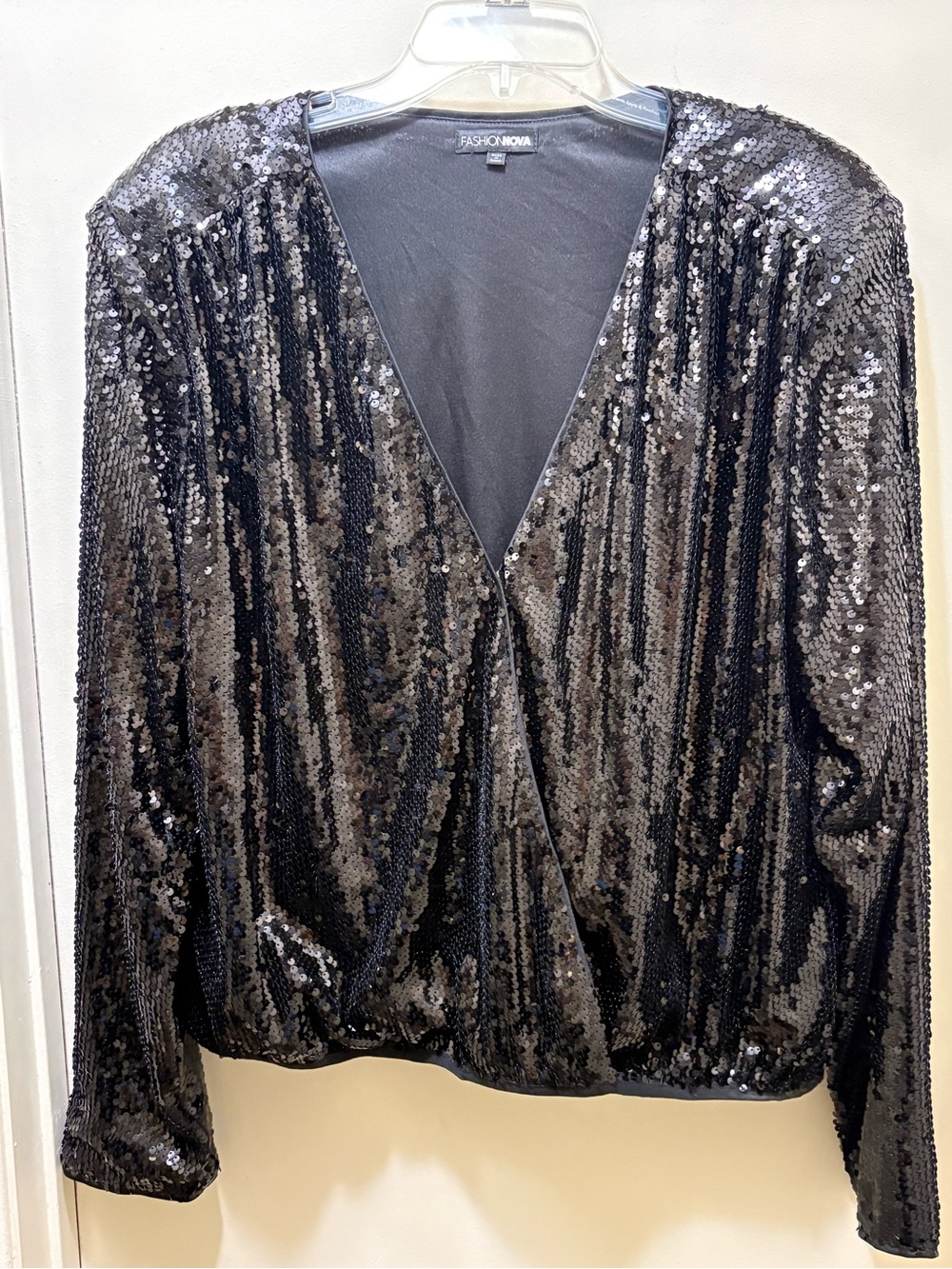 Fashion Nova Black Sequin Wrap Blouse